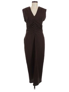 LOFT Sleeveless V-Neck Ruched Midi Dress - Size M - Brown